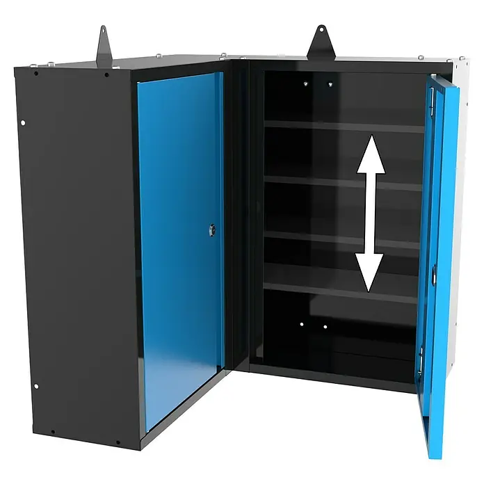 Güde Eck-Hängeschrank GWES 2TE - Anzahl Böden: 2 Stk. - Einblick in einen geöffneten Werkzeugschrank mit blauen Türen und verstellbaren Regalböden. Ideal für die Werkstatt.
