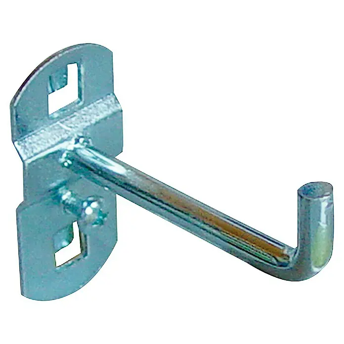 Güde Werkzeughalter - 75 mm - Detailaufnahme eines verzinkten Hängehakens für Regalsysteme, ideal für die Präsentation von Produkten im Einzelhandel.