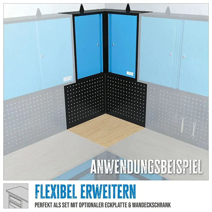 Güde Werkbank Eckplatte GWP 600E - L x B: 60 x 60 cm, Arbeitshöhe: 3 cm, Belastbarkeit: 30 kg, Braun, Schwarz - Eckarbeitsplatz mit blauen Schränken und Lochplatte. Ideal für Werkstatt oder Hobbyraum zur Erweiterung der Arbeitsfläche.