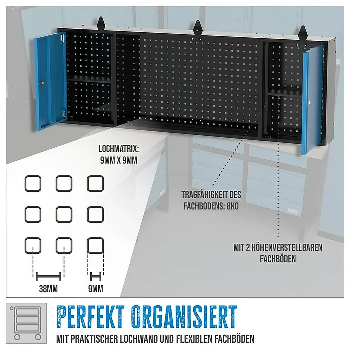 Güde Hängeschrank GWS 2T/L XL - L x B x H: 170,9 x 20 x 60 cm - Produktabbildung eines Werkzeugschranks zur Wandmontage mit Lochwand und zwei verstellbaren Fachböden. Tragkraft der Fachböden: 8 kg.