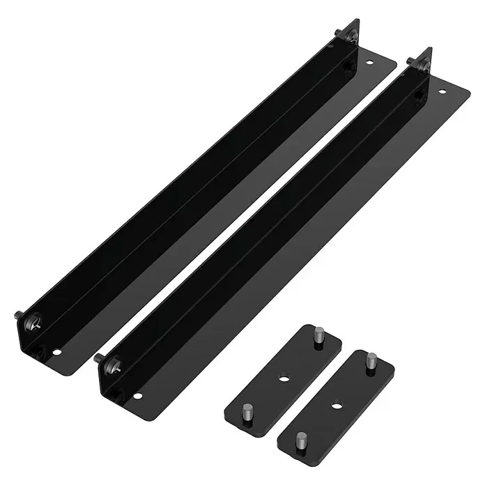 Güde Werkbank Eckplatte GWP 600E - L x B: 60 x 60 cm, Arbeitshöhe: 3 cm, Belastbarkeit: 30 kg, Braun, Schwarz - Produktabbildung von zwei schwarzen Trägern und kleineren Platten mit Stiften, dargestellt in einer technischen Zeichnung.