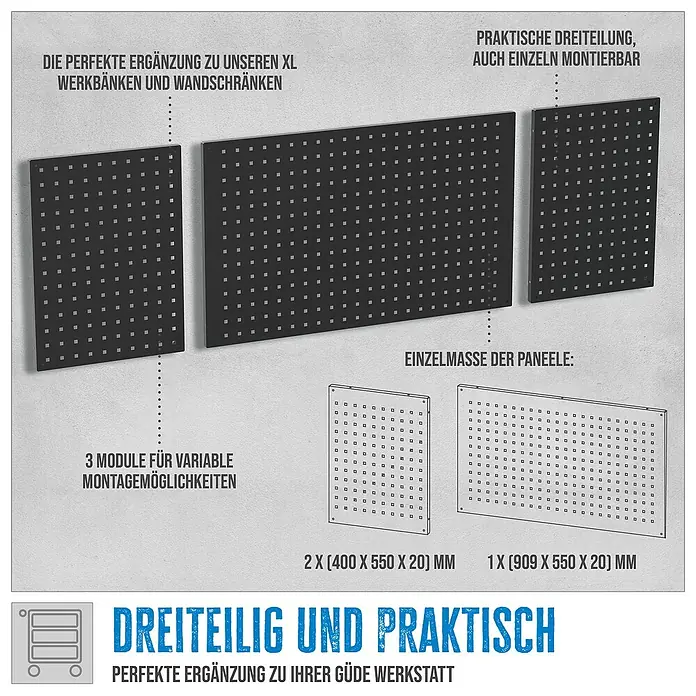 Güde Lochwand-Set 1709 XL - B x H: 2 x 55 cm, 3 -tlg. - Produktbild: Dreiteilige Werkzeugwand zur flexiblen Montage in der Werkstatt als ideale Ergänzung für Werkbänke und Wandschränke.