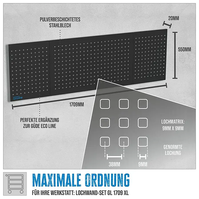 Güde Lochwand-Set 1709 XL - B x H: 2 x 55 cm, 3 -tlg. - Abbildung der Güde Lochwand GL 1709 XL. Die Lochwand ist pulverbeschichtet und bietet maximale Ordnung für Ihre Werkstatt.