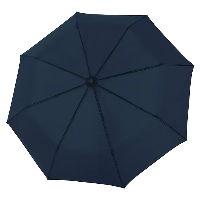 Doppler Taschenschirm Mia - Salzburg Marine, Durchmesser Bespannung: 98 cm, Länge: 27,5 cm - Nahaufnahme eines geöffneten, marineblauen Regenschirms von oben, der robust und zuverlässig wirkt.
