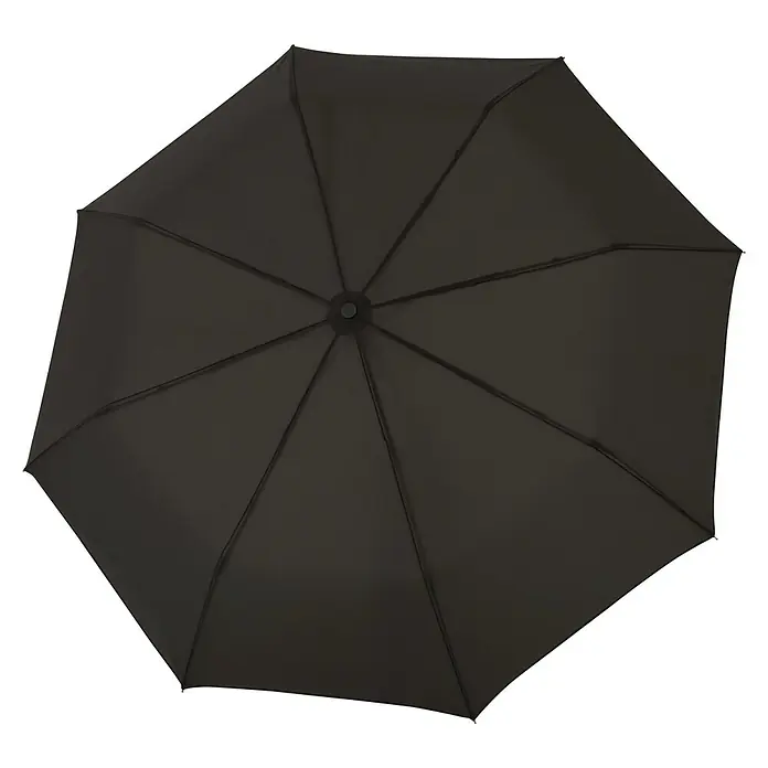 Doppler Taschenschirm Mia - Salzburg Schwarz, Durchmesser Bespannung: 98 cm, Länge: 27,5 cm - Schwarzer Regenschirm von oben fotografiert, der ein schlichtes und praktisches Design für den täglichen Gebrauch zeigt.
