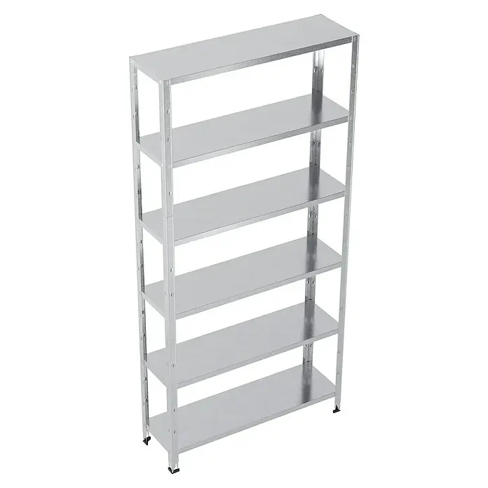 Regalux Aktenregal Office 100 - H x B x T: 209 x 100 x 30 cm, Traglast pro Boden: 60 kg, Anzahl Böden: 6 Stk., Stecken, Weiß - Ein graues Metallregal mit fünf Regalböden. Das Regal steht auf einem schwarzen Hintergrund und bietet viel Stauraum.