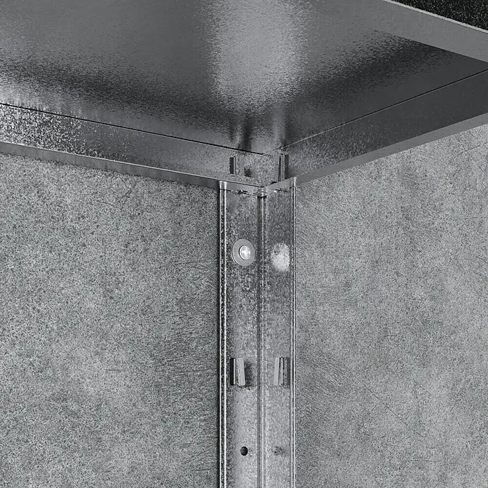 Regalux Metallregal - H x B x T: 160 x 84 x 30 cm, Traglast pro Boden: 40 kg, Anzahl Böden: 4 Stk., Stecken, Silber - Metallrahmenkonstruktion im Eckbereich mit sichtbaren Schrauben und verzinkten Oberflächen für Stabilität und industrielle Optik.