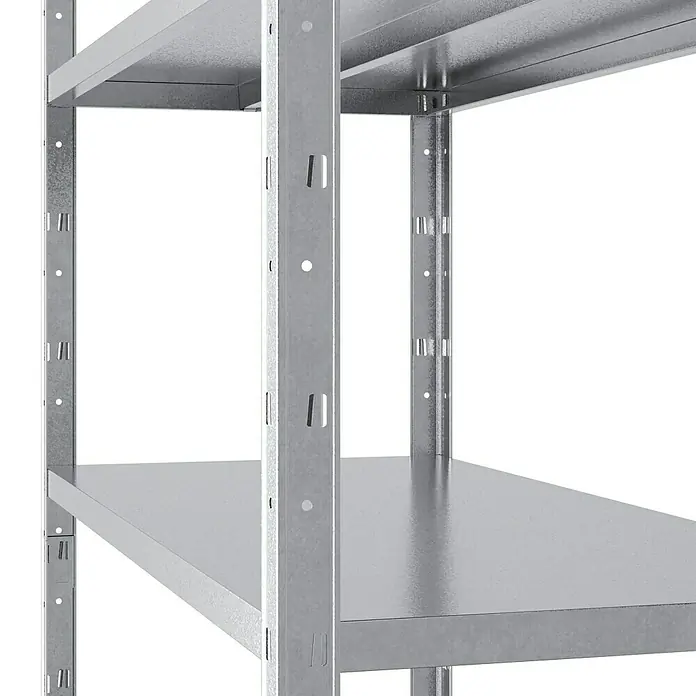 Regalux Metallregal - H x B x T: 188 x 100 x 45 cm, Traglast pro Boden: 65 kg, Anzahl Böden: 5 Stk., Stecken, Silber - Detailansicht eines Metallregals, das Stabilität und Funktionalität für Lagerzwecke bietet. Ideal für Werkstatt oder Lagerraum.