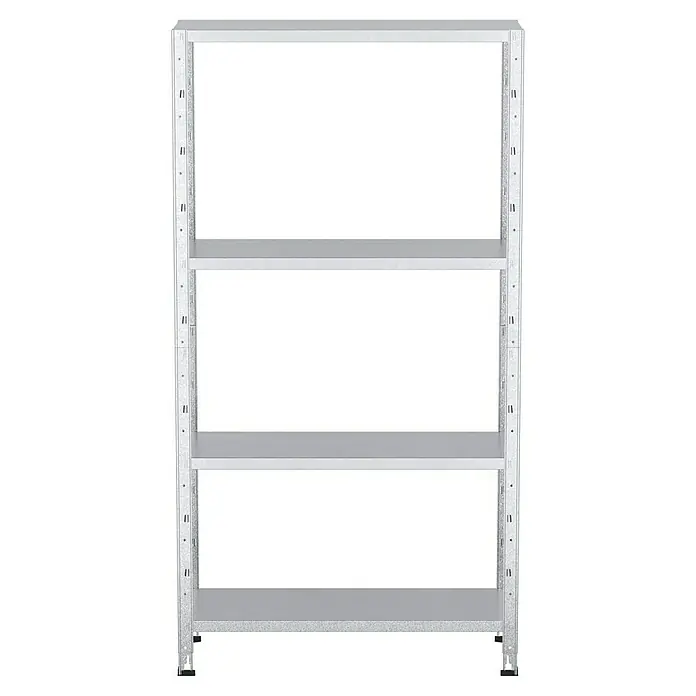 Regalux Metallregal - H x B x T: 160 x 84 x 30 cm, Traglast pro Boden: 40 kg, Anzahl Böden: 4 Stk., Stecken, Silber - Aufnahme eines grauen Metallregals mit drei Regalböden und perforierten Seitenpfosten, das sich ideal für Lagerung eignet.