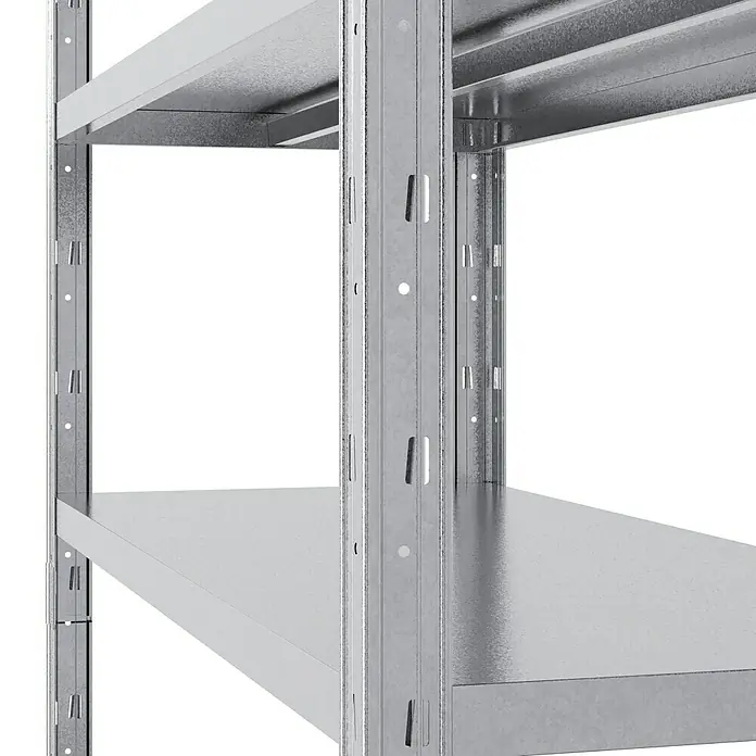Regalux Schwerlastregal - H x B x T: 188 x 120 x 50 cm, Traglast pro Boden: 200 kg, Anzahl Böden: 5 Stk., Stecken, Silber - Nahaufnahme eines stabilen Metallregals, ideal für Lagerung und Organisation. Robuste Konstruktion für hohe Belastbarkeit im professionellen Umfeld.