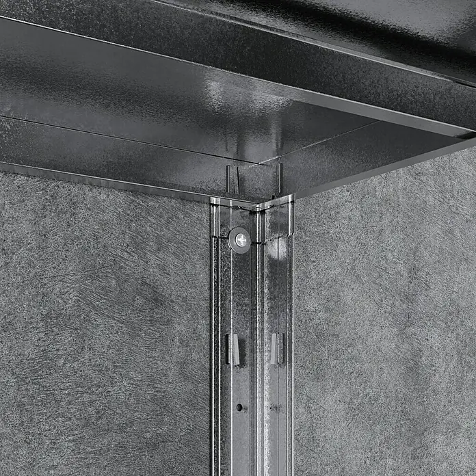 Regalux Schwerlastregal - H x B x T: 188 x 120 x 50 cm, Traglast pro Boden: 200 kg, Anzahl Böden: 5 Stk., Stecken, Silber - Stahlrahmenkonstruktion an einer grauen Wand befestigt, Detailaufnahme der Metallprofile und Befestigungselemente im Innenraum.