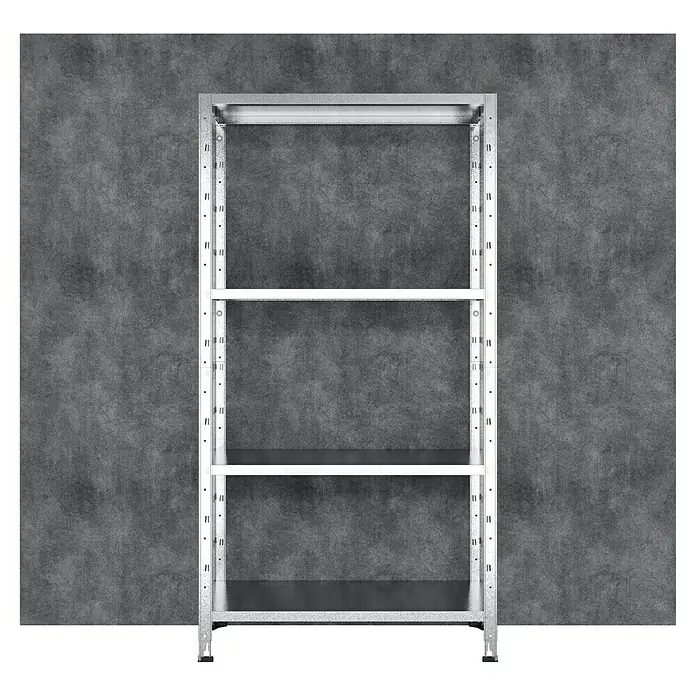 Regalux Metallregal - H x B x T: 160 x 84 x 30 cm, Traglast pro Boden: 40 kg, Anzahl Böden: 4 Stk., Stecken, Silber - Das Bild zeigt ein Regal mit drei Böden vor einer grauen Wand. Das Regal ist aus Metall gefertigt und wirkt stabil.