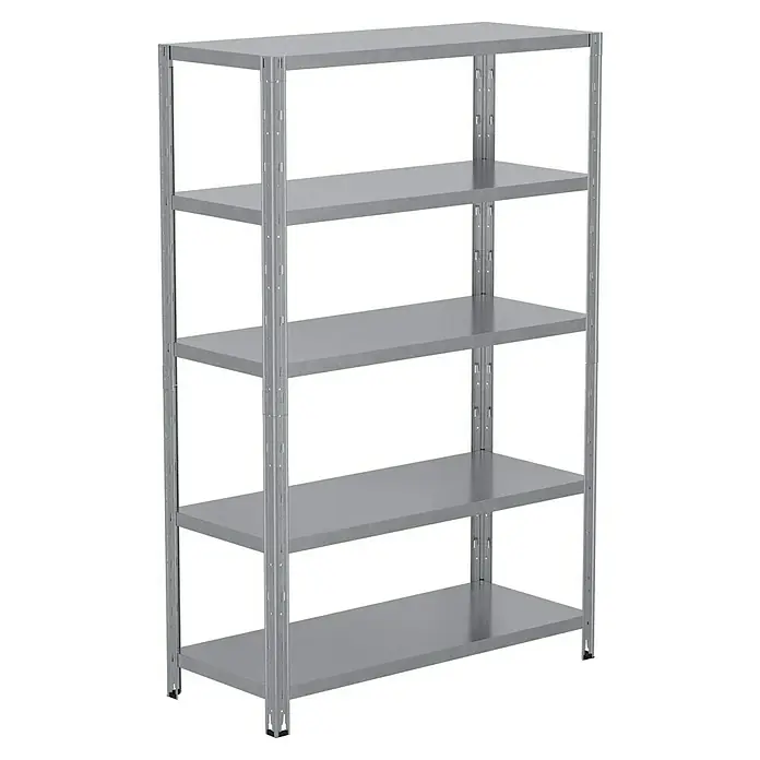 Regalux Schwerlastregal - H x B x T: 188 x 120 x 50 cm, Traglast pro Boden: 200 kg, Anzahl Böden: 5 Stk., Stecken, Silber - Ein graues Metallregal mit fünf Regalböden zur Lagerung und Organisation von Gegenständen, ideal für Garage oder Keller.