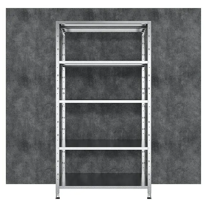 Regalux Metallregal - H x B x T: 188 x 100 x 45 cm, Traglast pro Boden: 65 kg, Anzahl Böden: 5 Stk., Stecken, Silber - Abbildung eines Regalsystems mit fünf Regalböden vor einer grauen Wand. Das Regal ist aus Metall und bietet viel Stauraum.