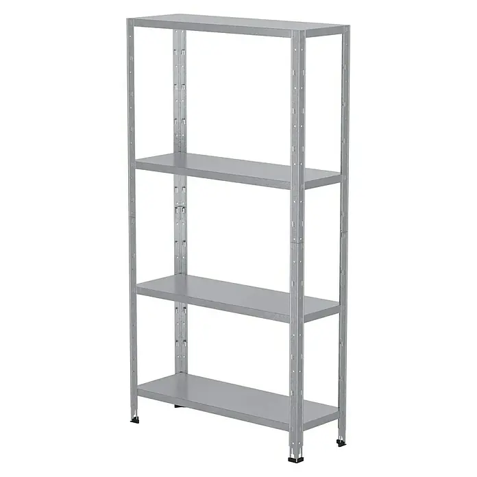 Regalux Metallregal - H x B x T: 160 x 84 x 30 cm, Traglast pro Boden: 40 kg, Anzahl Böden: 4 Stk., Stecken, Silber - Ein graues Metallregal mit vier Ablagen für Lager- und Organisationszwecke. Es bietet viel Stauraum.