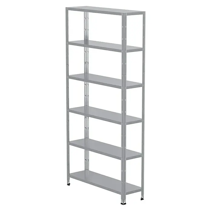 Regalux Aktenregal Office 100 - H x B x T: 209 x 100 x 30 cm, Traglast pro Boden: 60 kg, Anzahl Böden: 6 Stk., Stecken, Weiß - Das Bild zeigt ein leeres, silbernes Metallregal mit fünf Regalböden, das sich ideal für die Lagerung und Organisation von Gegenständen eignet.