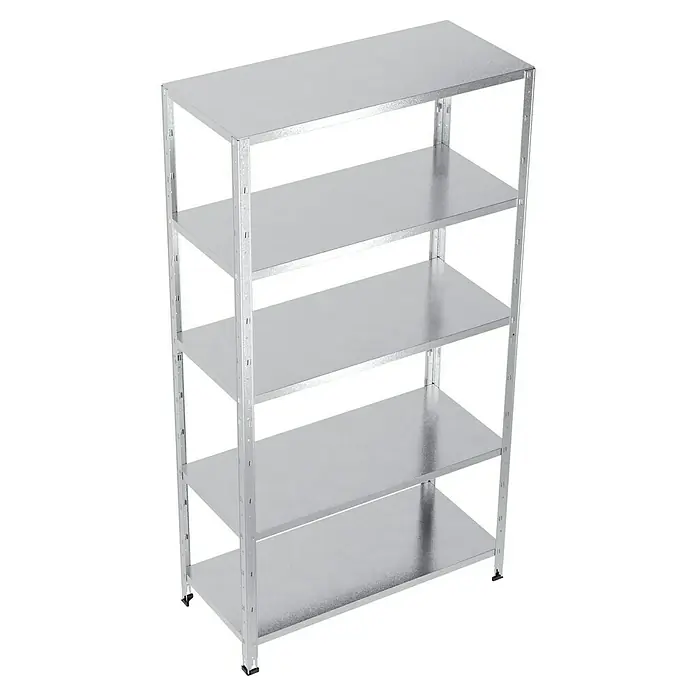 Regalux Metallregal - H x B x T: 188 x 100 x 45 cm, Traglast pro Boden: 65 kg, Anzahl Böden: 5 Stk., Stecken, Silber - Ein detailreiches Bild eines robusten Metallregals mit vier Ablageflächen, ideal für Lagerung und Organisation.