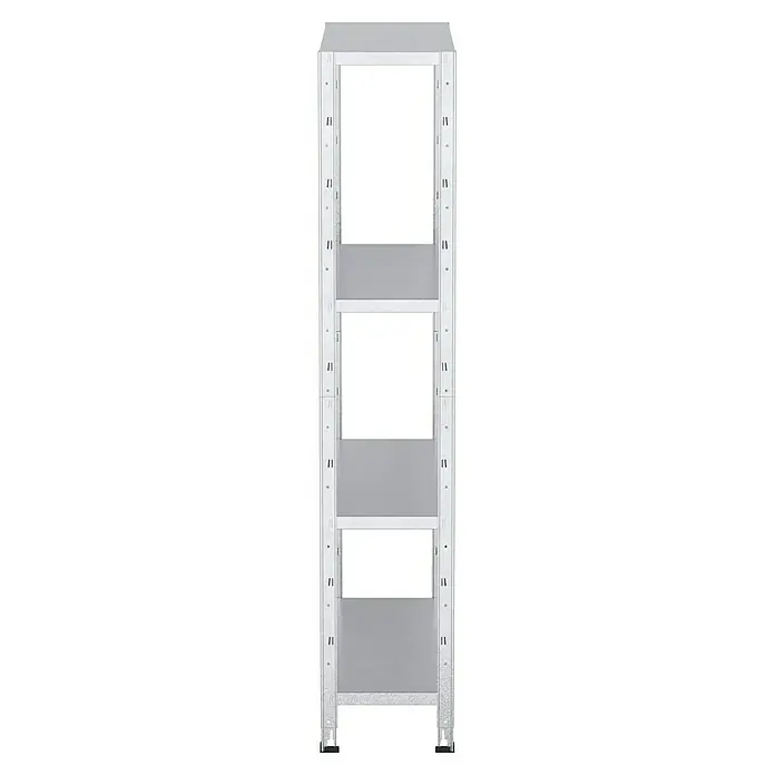 Regalux Metallregal - H x B x T: 160 x 84 x 30 cm, Traglast pro Boden: 40 kg, Anzahl Böden: 4 Stk., Stecken, Silber - Aufnahme eines weißen Racks mit mehreren offenen Fächern, ideal für die Aufbewahrung und Organisation von Gegenständen.
