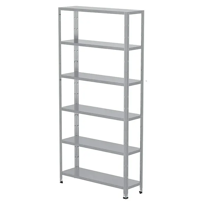 Regalux Aktenregal Office 100 - H x B x T: 209 x 100 x 30 cm, Traglast pro Boden: 60 kg, Anzahl Böden: 6 Stk., Stecken, Weiß - Ein silbernes Metallregal mit fünf Regalböden, ideal für Lagerung und Organisation in Werkstatt oder Lagerraum. Robuste Konstruktion für hohe Belastbarkeit.