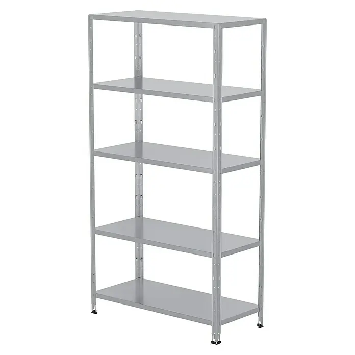 Regalux Metallregal - H x B x T: 188 x 100 x 45 cm, Traglast pro Boden: 65 kg, Anzahl Böden: 5 Stk., Stecken, Silber - Ein freistehendes, graues Metallregal mit fünf Fächern, ideal für Lagerung und Organisation in Werkstatt oder Lager.