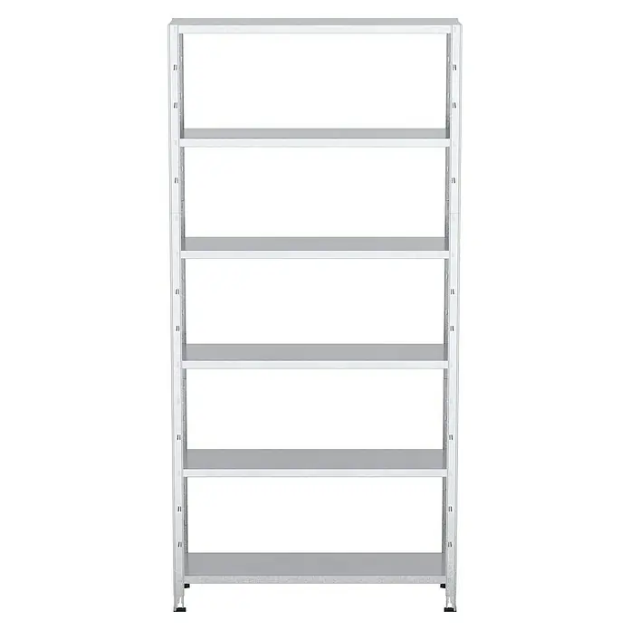 Regalux Aktenregal Office 100 - H x B x T: 209 x 100 x 30 cm, Traglast pro Boden: 60 kg, Anzahl Böden: 6 Stk., Stecken, Weiß - Abbildung eines Metallregals mit fünf Regalböden, ideal für Lagerung und Organisation.