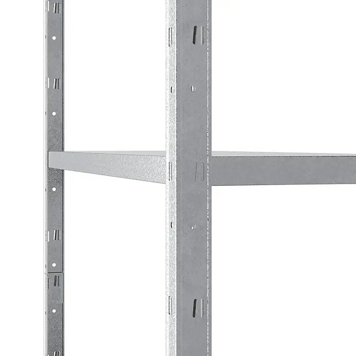 Regalux Metallregal - H x B x T: 160 x 84 x 30 cm, Traglast pro Boden: 40 kg, Anzahl Böden: 4 Stk., Stecken, Silber - Detailaufnahme eines grauen Metallregals mit Pfosten und Regalböden, die Stabilität und Funktionalität für Lagerzwecke bieten.