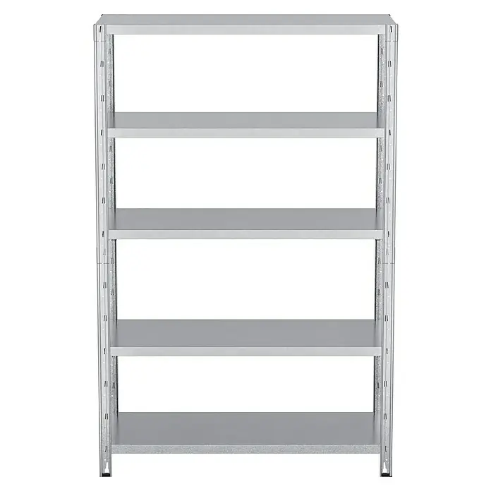 Regalux Schwerlastregal - H x B x T: 188 x 120 x 50 cm, Traglast pro Boden: 200 kg, Anzahl Böden: 5 Stk., Stecken, Silber - Silbernes Regal mit fünf Regalböden und einem einfachen Design. Das Regal bietet viel Stauraum für verschiedene Gegenstände.