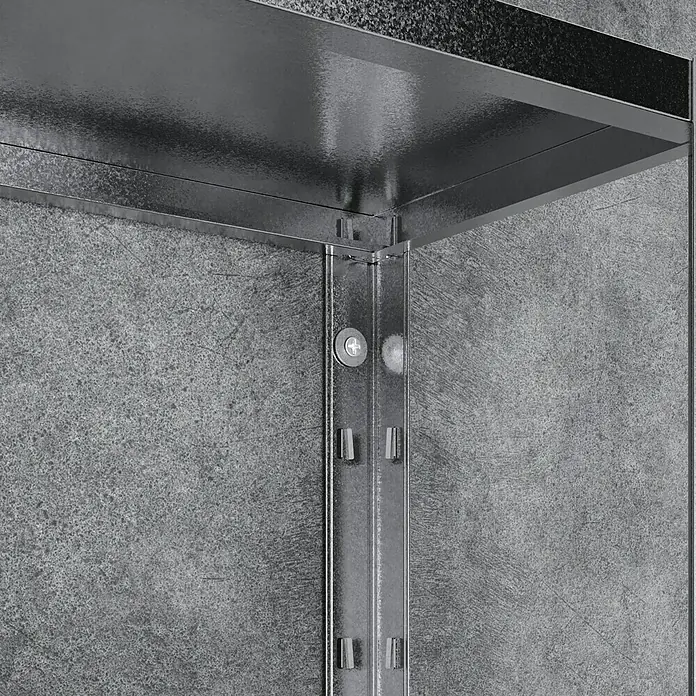 Regalux Aktenregal Office 100 - H x B x T: 209 x 100 x 30 cm, Traglast pro Boden: 60 kg, Anzahl Böden: 6 Stk., Stecken, Weiß - Nahaufnahme eines Metallregals mit Schrauben an einer grauen Wand.