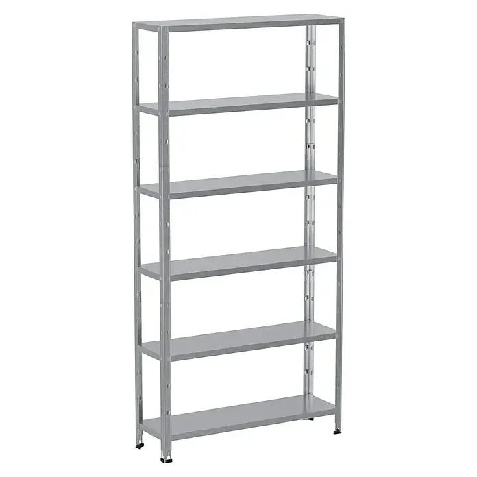 Regalux Aktenregal Office 100 - H x B x T: 209 x 100 x 30 cm, Traglast pro Boden: 60 kg, Anzahl Böden: 6 Stk., Stecken, Weiß - Bild eines grauen, leeren Schwerlastregals mit mehreren Regalböden. Ideal für Lagerung und Organisation von schweren Gegenständen.