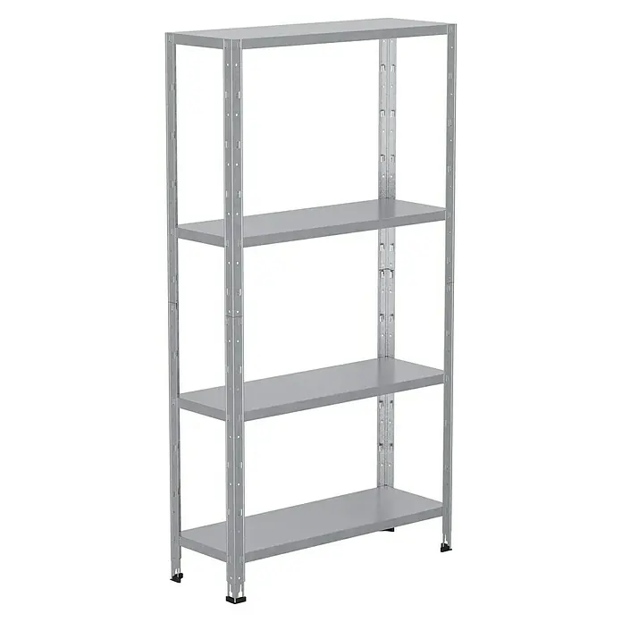 Regalux Metallregal - H x B x T: 160 x 84 x 30 cm, Traglast pro Boden: 40 kg, Anzahl Böden: 4 Stk., Stecken, Silber - Ein silbernes Metallregal mit vier Regalböden ist dargestellt, das viel Stauraum bietet und für verschiedene Zwecke geeignet ist.