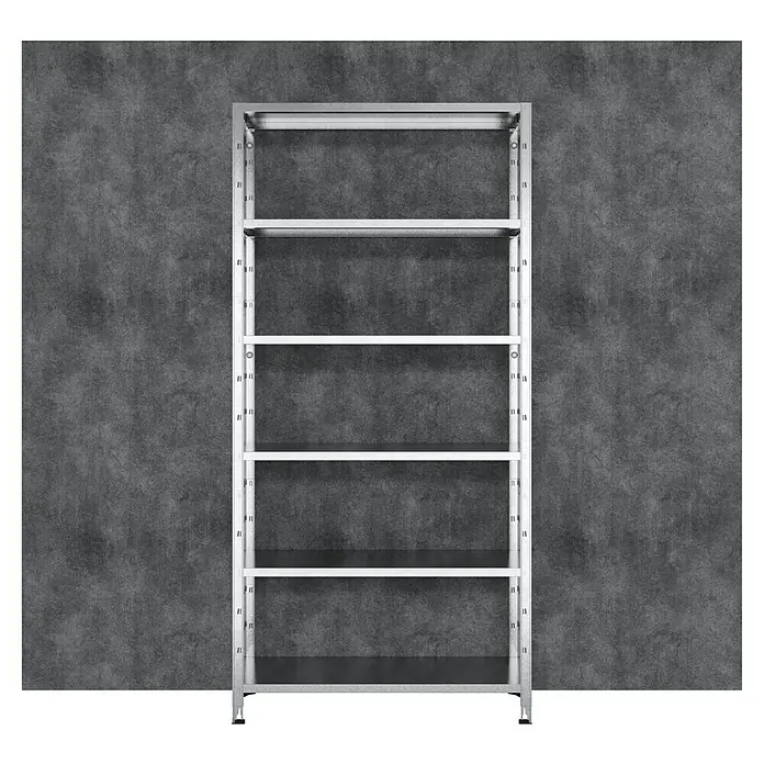 Regalux Aktenregal Office 100 - H x B x T: 209 x 100 x 30 cm, Traglast pro Boden: 60 kg, Anzahl Böden: 6 Stk., Stecken, Weiß - Das Bild zeigt ein leeres Metallregal mit fünf Ablagen vor einer grauen Wand. Ideal für Lagerung und Organisation.