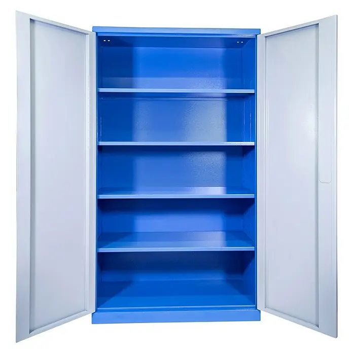 Güde Werkzeugschrank CB - Anzahl Böden: 4 Stk., L x B x H: 58 x 110 x 193 cm - Ein offener blauer Metallschrank mit mehreren Regalen, der ausreichend Stauraum bietet, ideal für Büro oder Werkstatt.