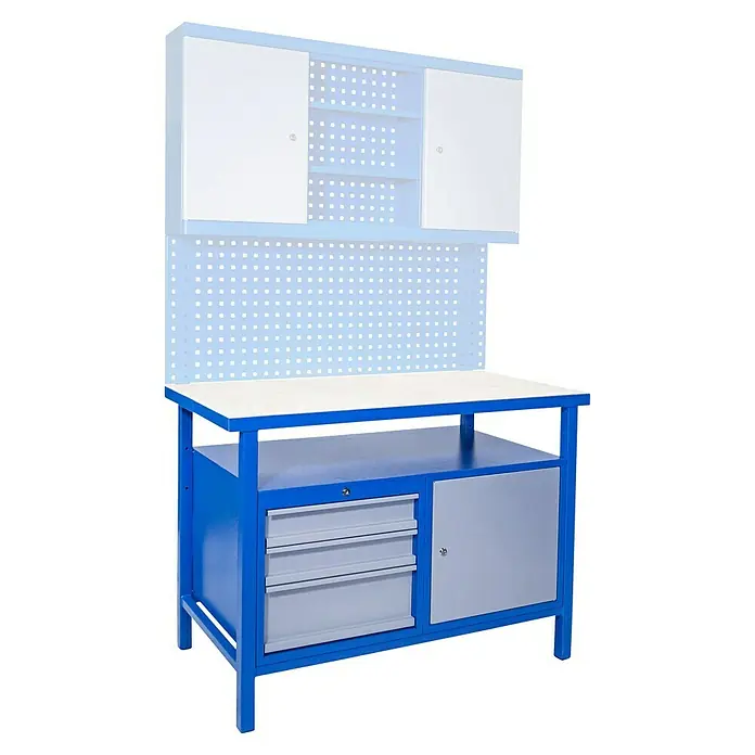 Güde Werkbank P 1200 SLT - L x B x H: 119 x 60 x 85 cm, Anzahl Schubladen: 3 Stk. - Werkbank mit blauem Gestell, weißer Arbeitsfläche, Schubladen und Schrank. Ideal für Werkstattarbeiten und zur Aufbewahrung von Werkzeugen.