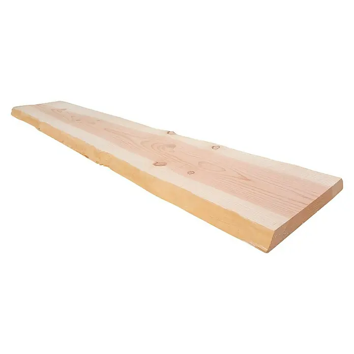 Tablero de madera maciza Tarugo - Abeto rojo, L x An x Es: 200 cm x 38 cm x 50 mm, Anchura resultante: 30 cm - 38 cm - Un tablón rectangular individual de madera clara se encuentra sobre un fondo blanco liso. El tablón de madera presenta un borde bruto y una superficie lisa.