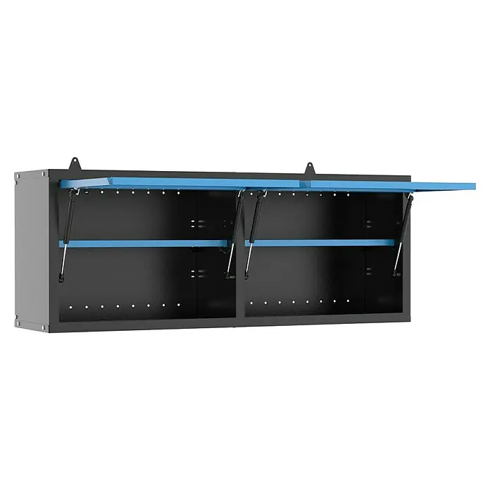 Güde Werkzeugschrank GWS 2T - L x B x H: 120 x 31 x 51 cm - Wandmontierter Werkzeugschrank mit blauen Akzenten und geöffneten Klapptüren, ideal für die Werkstattorganisation.