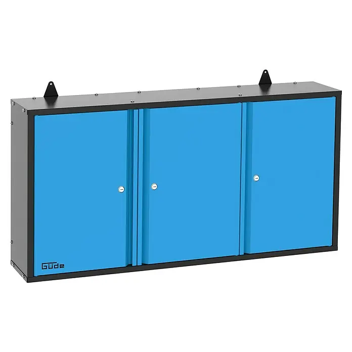 Güde Werkzeugschrank GWS 3T - L x B x H: 120 x 20 x 60 cm - Abbildung eines blauen Güde Werkzeugschranks mit drei Türen. Ideal für die Werkstatt.