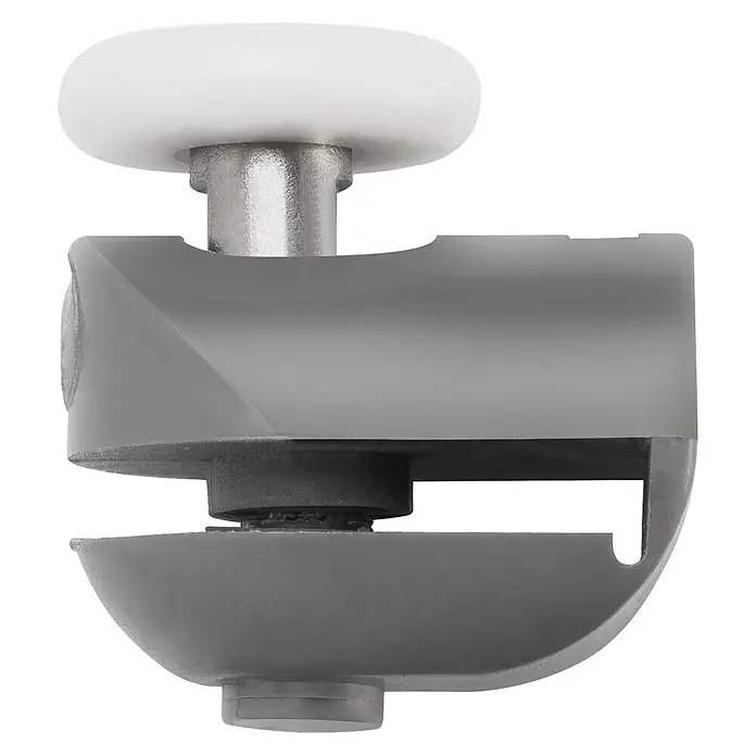 Rodamiento para mampara de ducha A30 - Gris - Primer plano de un rodamiento de cabina de ducha con rueda blanca y carcasa gris para un movimiento suave de la puerta.