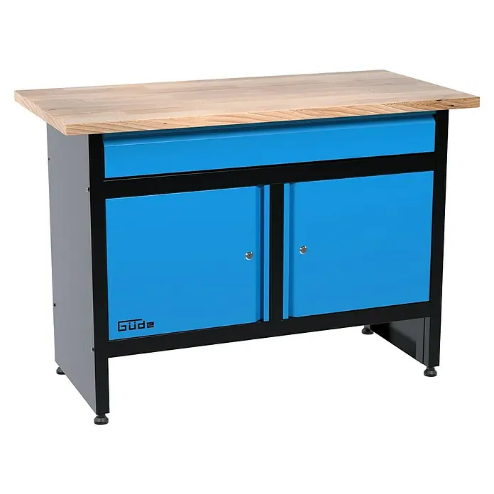 Güde Werkbank GW 2T - L x B x H: 120 x 60 x 85 cm, Anzahl Schubladen: 1 Stk. - Produktansicht einer Güde Werkbank mit blauem Unterschrank und helmlbrauner Arbeitsplatte.
