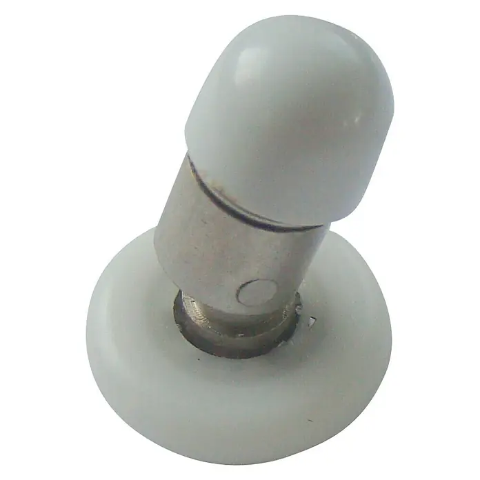 Rodamiento para mampara de ducha A01 - Plata brillo, Específico para: Mampara de ducha angular Eco - Primer plano de un rodillo para muebles con un cabezal redondeado y blanco sobre un poste metálico y una base blanca.