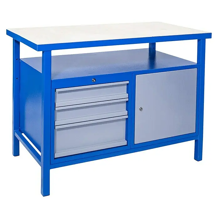 Güde Werkbank P 1200 SLT - L x B x H: 119 x 60 x 85 cm, Anzahl Schubladen: 3 Stk. - Abgebildete Werkbank mit Schubladen und Schrank, ideal für Werkstätten. Die robuste Konstruktion bietet viel Stauraum und eine stabile Arbeitsfläche.