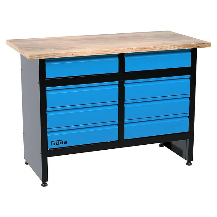 Güde Werkbank GW 8 S - L x B x H: 120 x 60 x 85 cm, Anzahl Schubladen: 8 Stk. - Werkbank mit Schubladen in blau und Holzplatte, ideal für Werkstätten. Die Werkbank bietet viel Stauraum und eine robuste Arbeitsfläche.