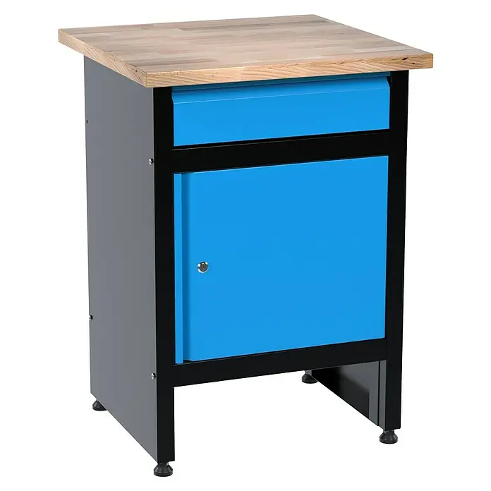 Güde Werkbank GW 1/1 S - L x B x H: 60 x 60 x 85 cm, Anzahl Schubladen: 1 Stk. - Werkbank mit Schublade und Schrankfach in Blau und Grau mit einer hellen Holzplatte. Eine robuste Werkstatteinrichtung.