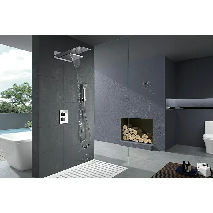 Imex Sistema de ducha Rodas - Con grifo termostático, Cromo - Baño moderno con sistema de ducha con rociadores superiores y manuales, azulejos grises y detalles de madera.