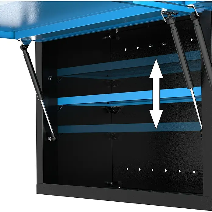 Güde Werkzeugschrank GWS 2T - L x B x H: 120 x 31 x 51 cm - Bild eines blauen Werkzeugschranks mit verstellbaren Regalen und Gasdruckfedern für einfaches Öffnen.