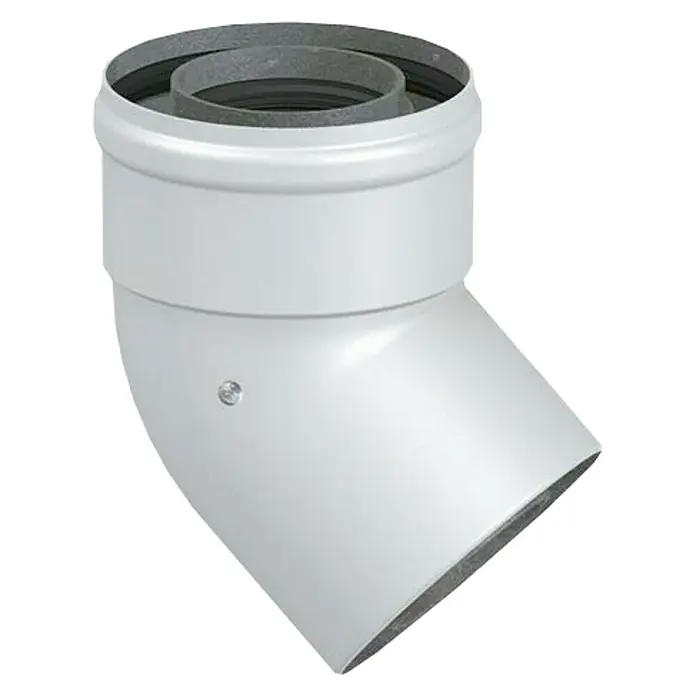 Codo coaxial estanco M/H 45º - Diámetro: 60.100 mm, Ángulo: 45 ° - Imagen de un codo de tubería blanco de 45 grados, utilizado en sistemas de fontanería y calefacción, garantiza una conexión fiable.