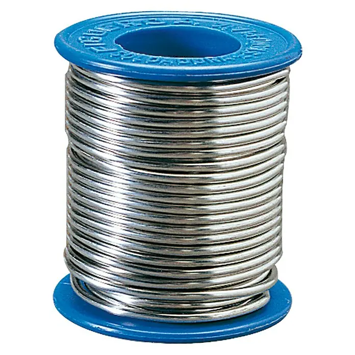 Hilo para soldar 96,5 % Sn + 3,5 % Ag - 2 mm, 250 g - Bobina de alambre de soldadura. La bobina es azul y el alambre es plateado. Es adecuado para soldar componentes electrónicos.