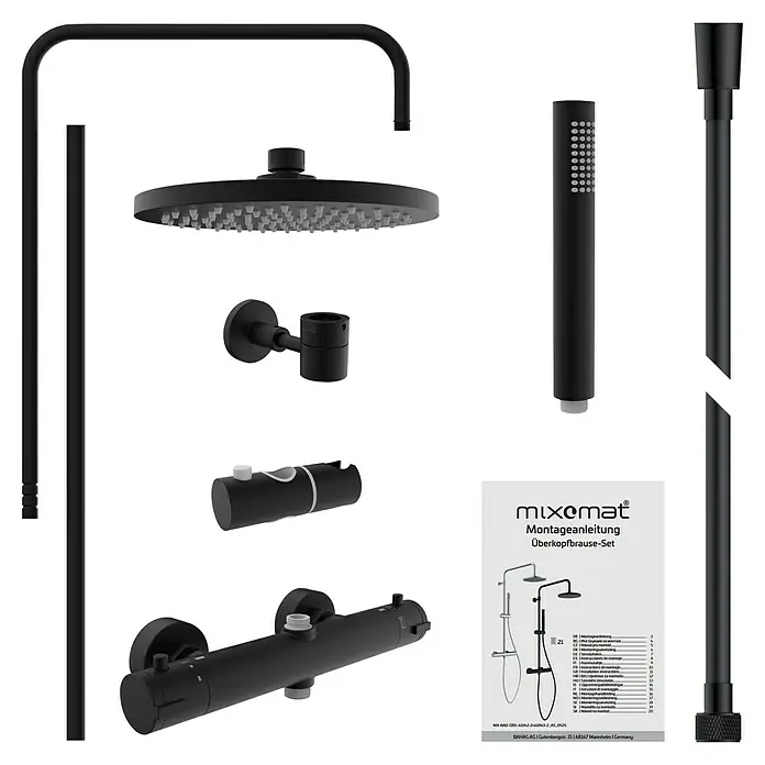 Mixomat Duschsystem Orlando - Höhe: 118 cm, Schwarz, Matt - Produktansicht eines schwarzen Mixomat Duschkopfsets mit Thermostatbatterie, Kopfbrause und Handbrause für das Badezimmer.