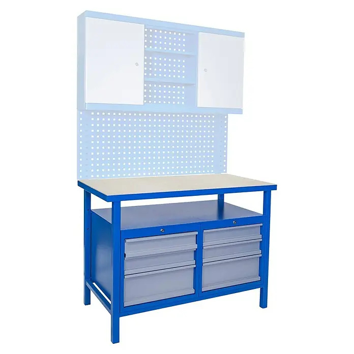 Güde Werkbank P 1200 SS - L x B x H: 60 x 119 x 85 cm, Anzahl Schubladen: 6 Stk. - Werkbank mit Holzplatte, blauen Rahmen und Schubladen für Werkstattbedarf. Zusätzlicher Stauraum durch Schrank und Lochwand.