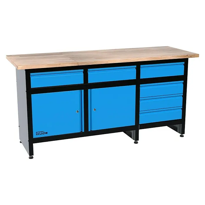 Güde Werkbank GW 6/2 XL - L x B x H: 171,2 x 60 x 85 cm - Werkbank mit Schubladen und Schränken. Die Werkbank hat eine Arbeitsplatte aus Holz und ein blaues Gestell mit viel Stauraum.