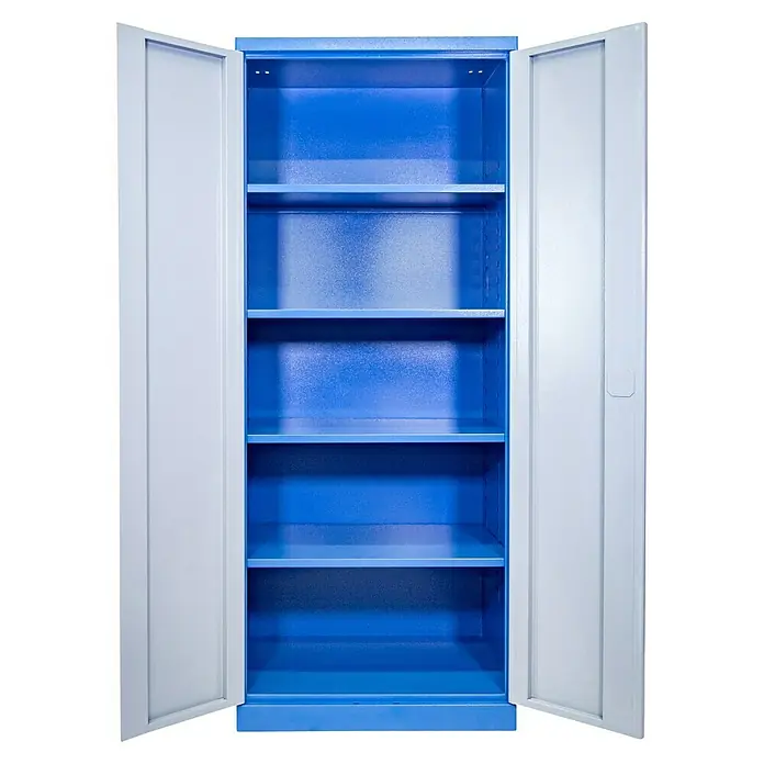 Güde Werkzeugschrank Typ BG - 58 x 78 x 193 cm - Ein geräumiger, offener blauer Metallschrank mit stabilen Regalböden, ideal für Lagerung und Organisation in Werkstatt oder Büro.